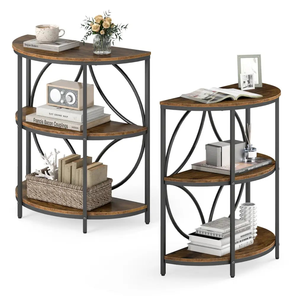 Narrow Side Table with Study Metal Frame and Storage Shelves-Rustic Brown - Rustic Brown - End & Side Tables