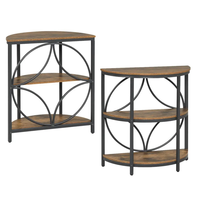 Narrow Side Table with Study Metal Frame and Storage Shelves-Rustic Brown - Rustic Brown - End & Side Tables