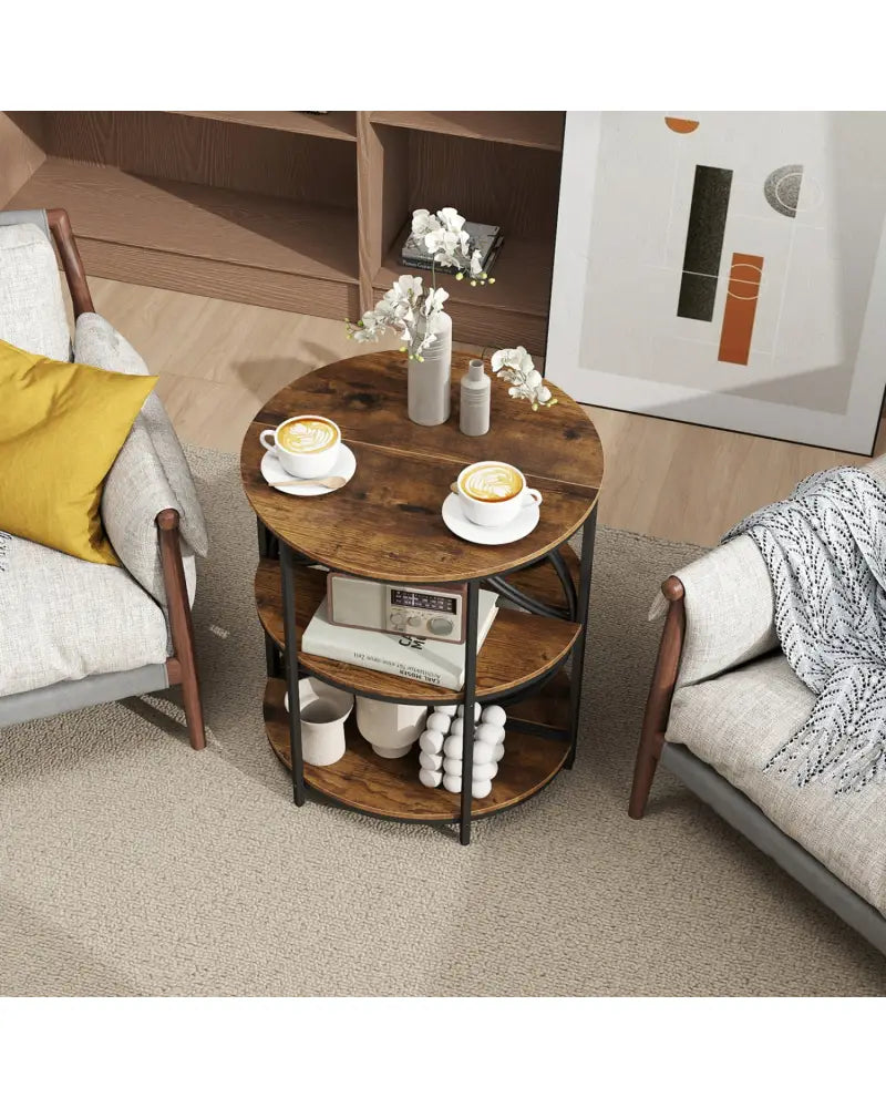 Narrow Side Table with Study Metal Frame and Storage Shelves-Rustic Brown - Rustic Brown - End & Side Tables