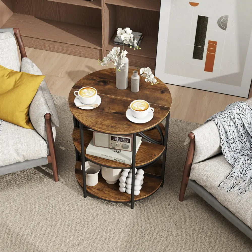 Narrow Side Table with Study Metal Frame and Storage Shelves-Rustic Brown - Rustic Brown - End & Side Tables