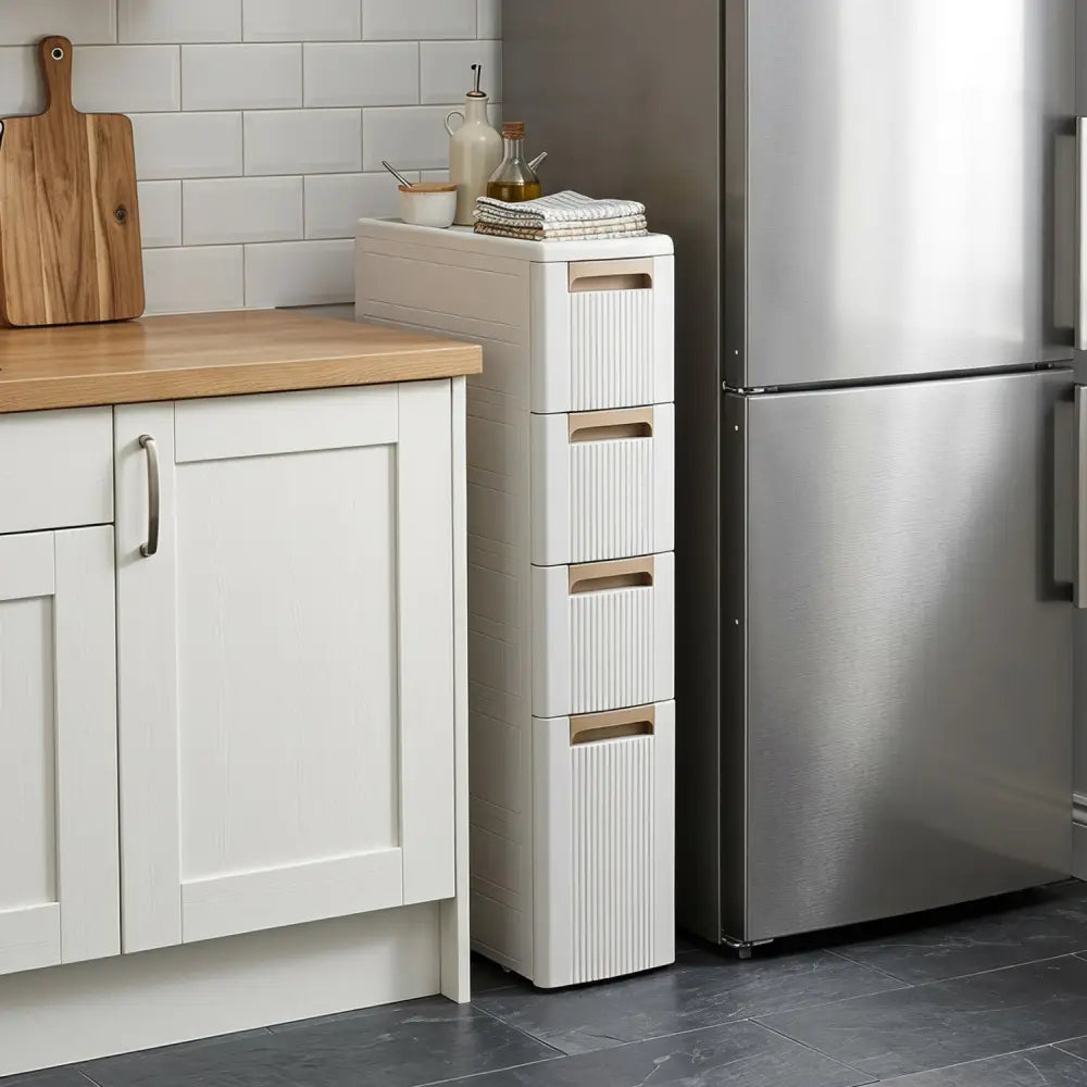 Narrow Storage Cabinet with Drawers and Removable Dividers-M - Beige - Floor Cabinets