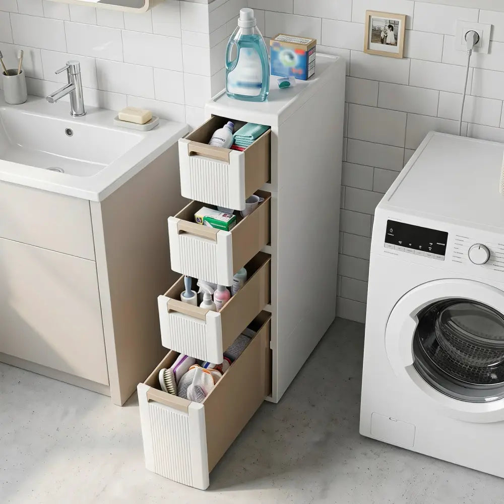 Narrow Storage Cabinet with Drawers and Removable Dividers-M - Beige - Floor Cabinets