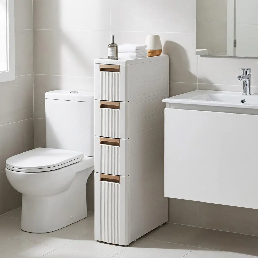 Narrow Storage Cabinet with Drawers and Removable Dividers-M - Beige - Floor Cabinets