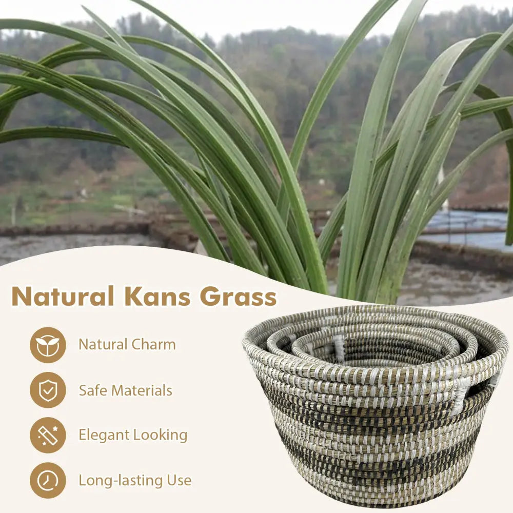 Natural Canes Grass Baskets Stackable Storage Bins Set of 3 with Hollowed Handles - Laundry Baskets