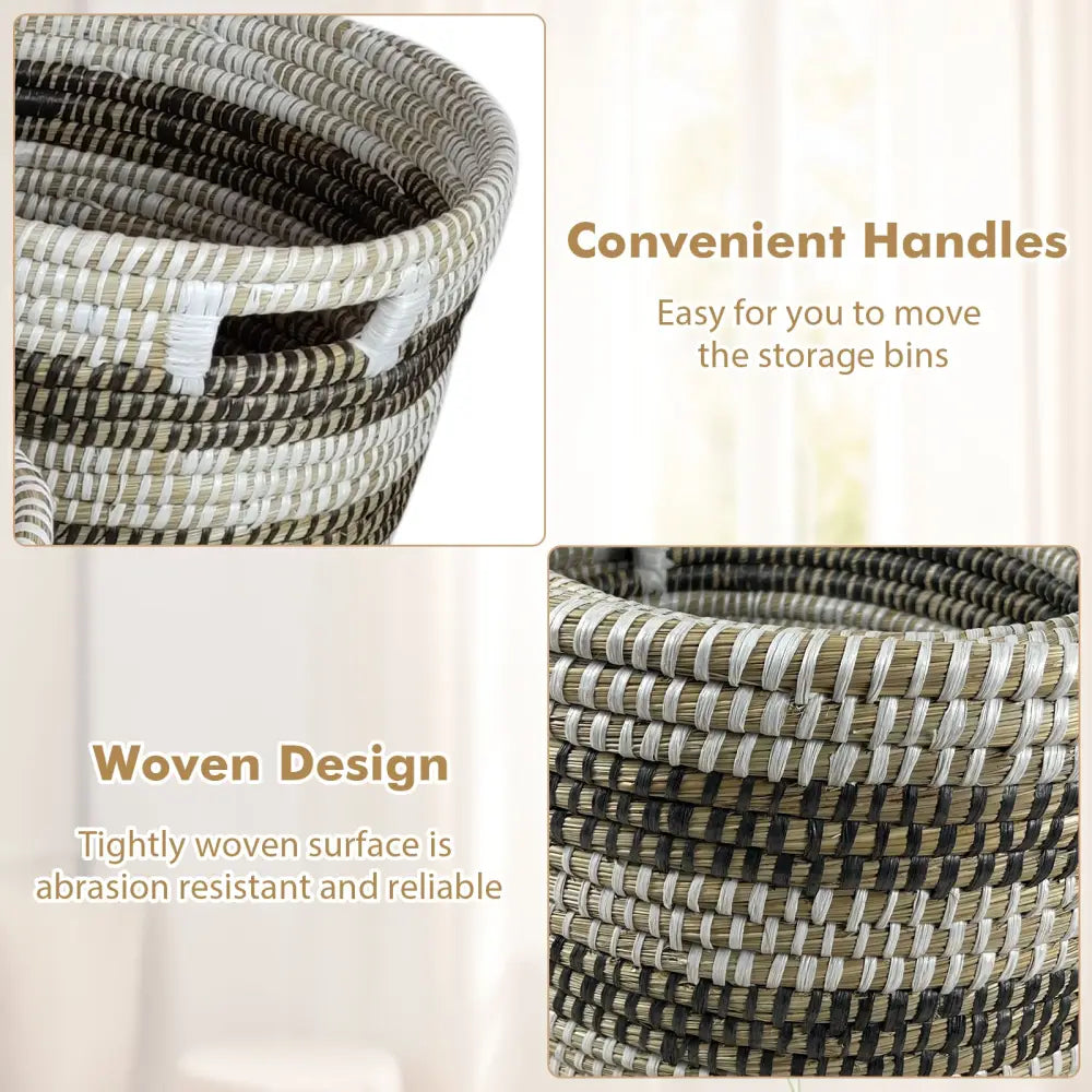 Natural Canes Grass Baskets Stackable Storage Bins Set of 3 with Hollowed Handles - Laundry Baskets