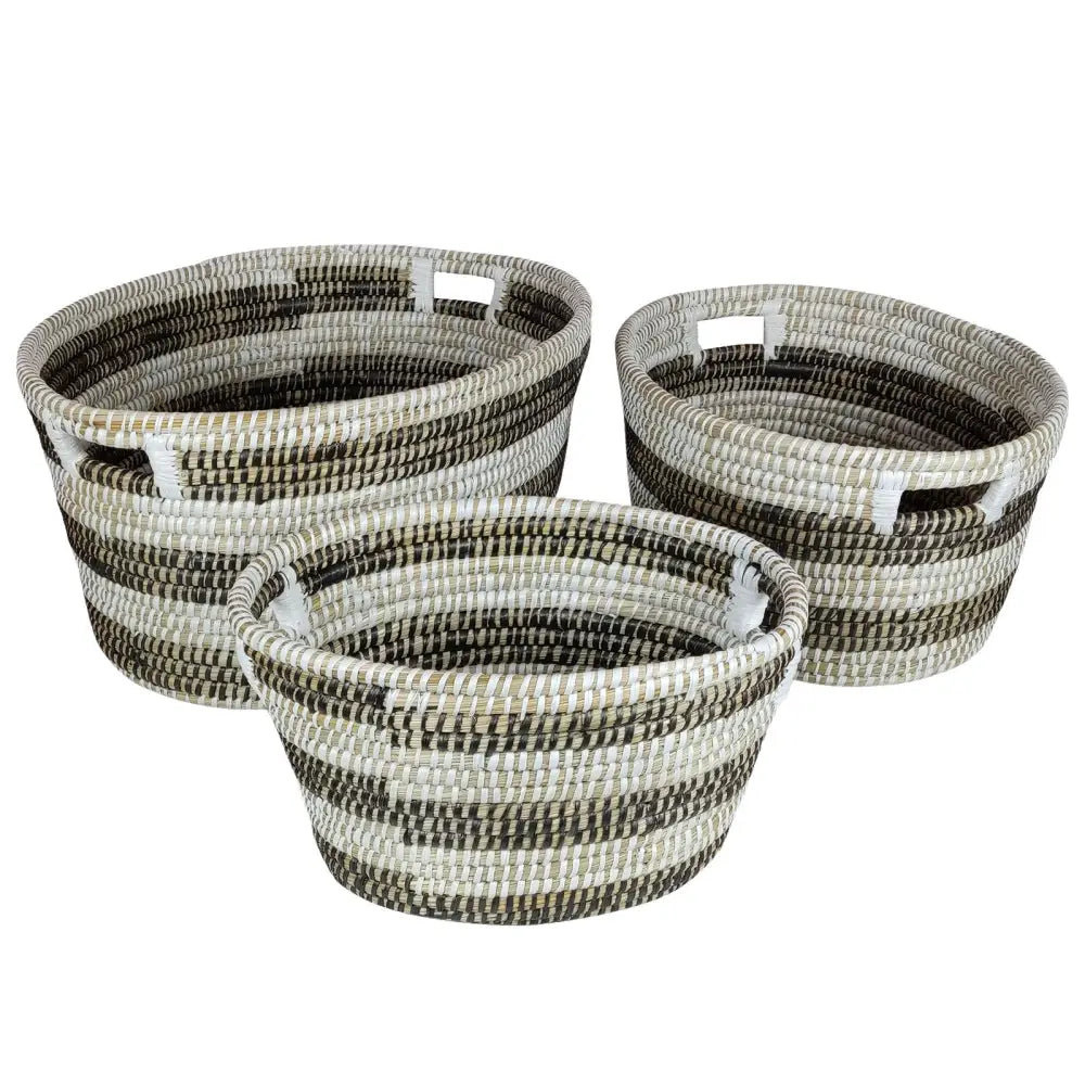 Natural Canes Grass Baskets Stackable Storage Bins Set of 3 with Hollowed Handles - Laundry Baskets