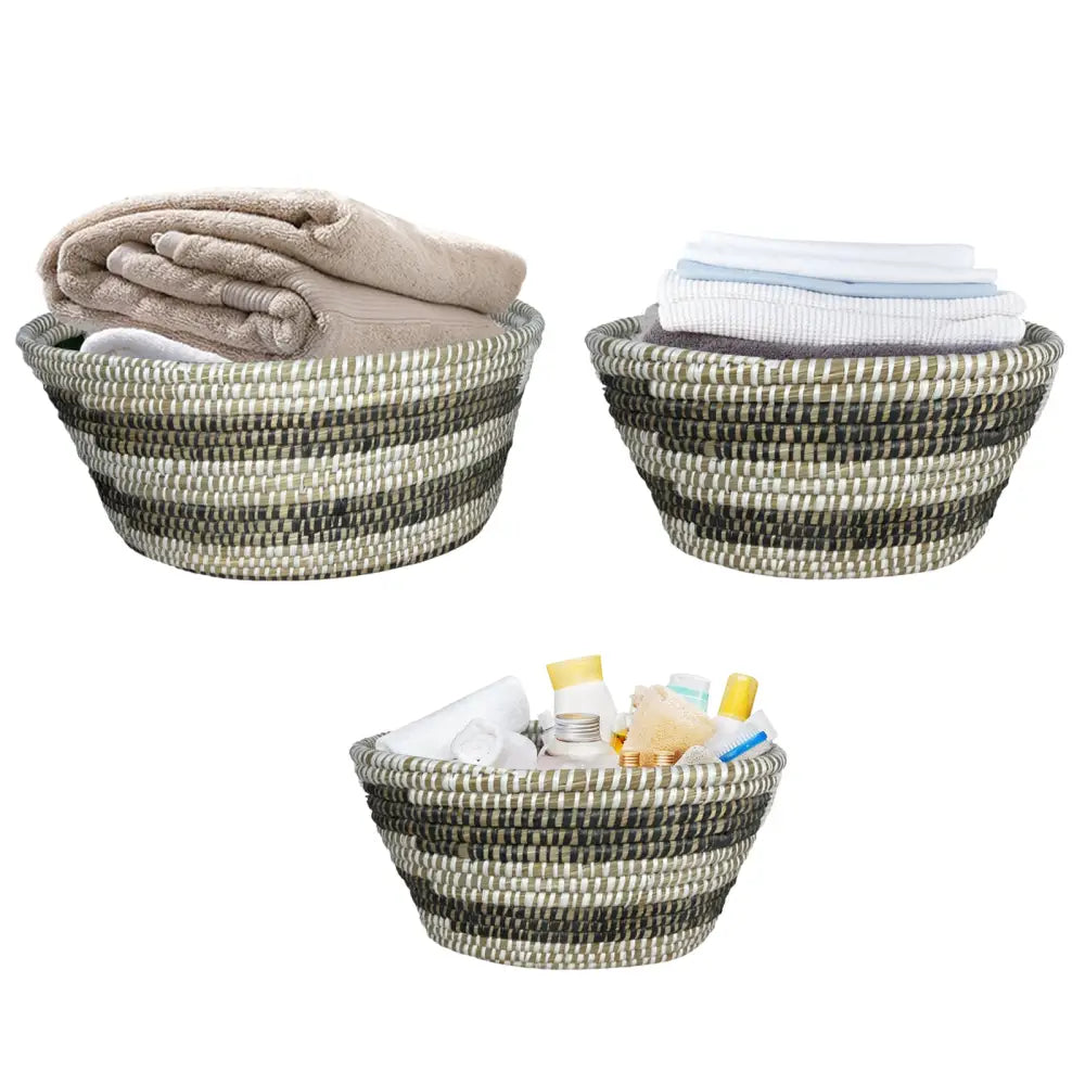 Natural Canes Grass Baskets Stackable Storage Bins Set of 3 with Hollowed Handles - Laundry Baskets