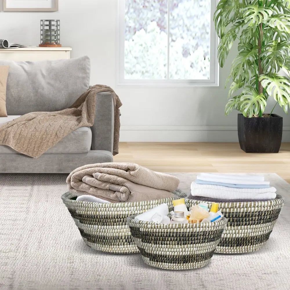Natural Canes Grass Baskets Stackable Storage Bins Set of 3 with Hollowed Handles - Laundry Baskets
