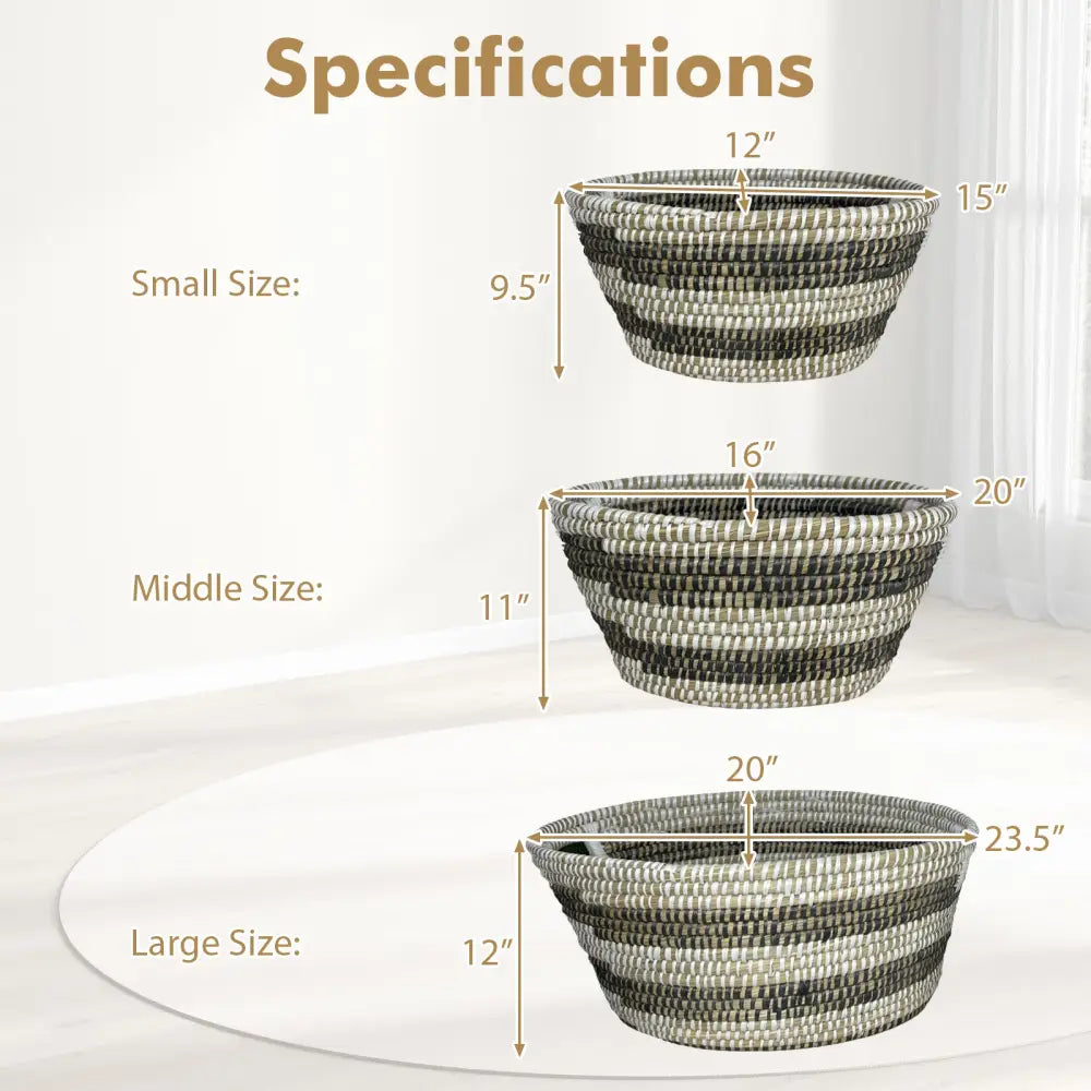 Natural Canes Grass Baskets Stackable Storage Bins Set of 3 with Hollowed Handles - Laundry Baskets