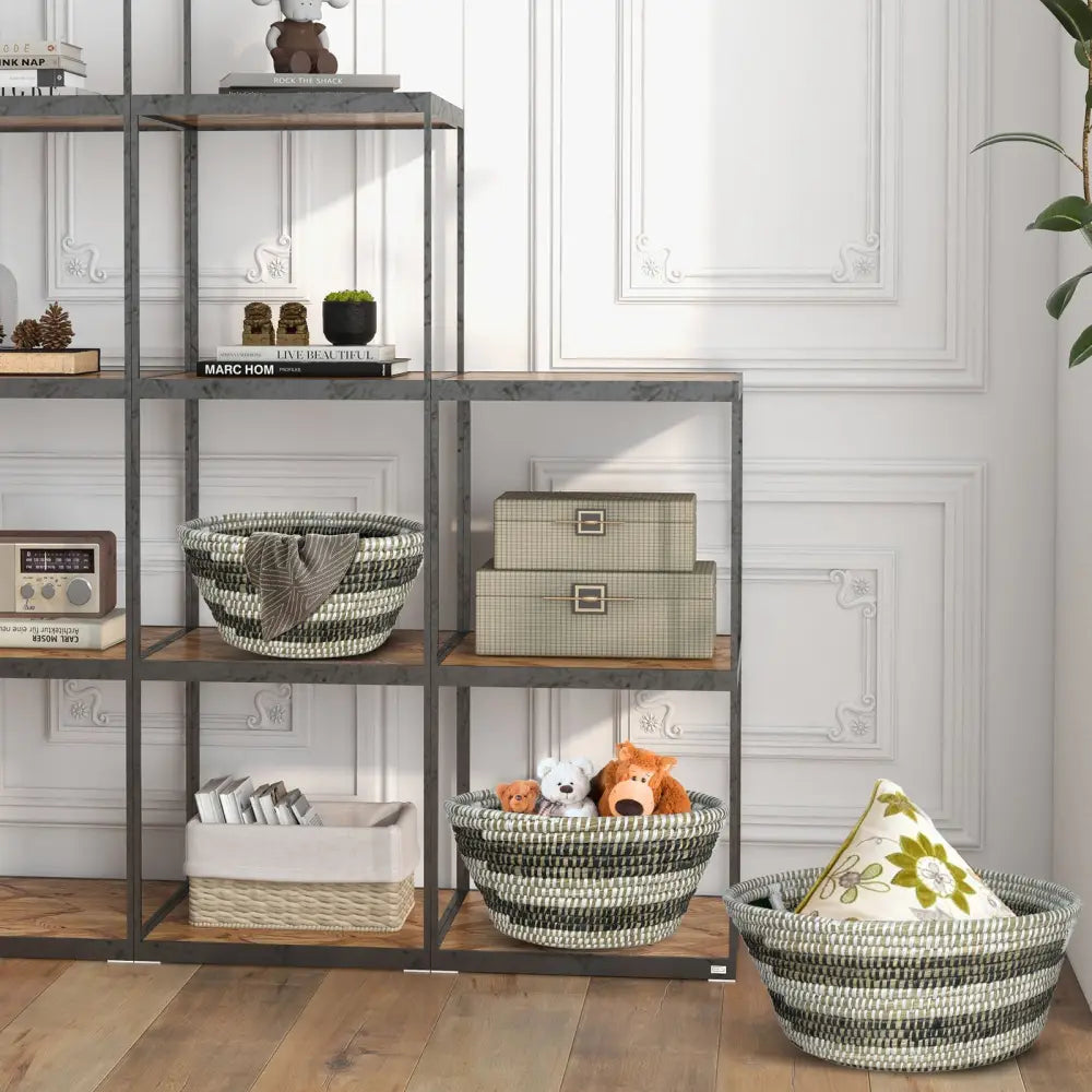 Natural Canes Grass Baskets Stackable Storage Bins Set of 3 with Hollowed Handles - Laundry Baskets