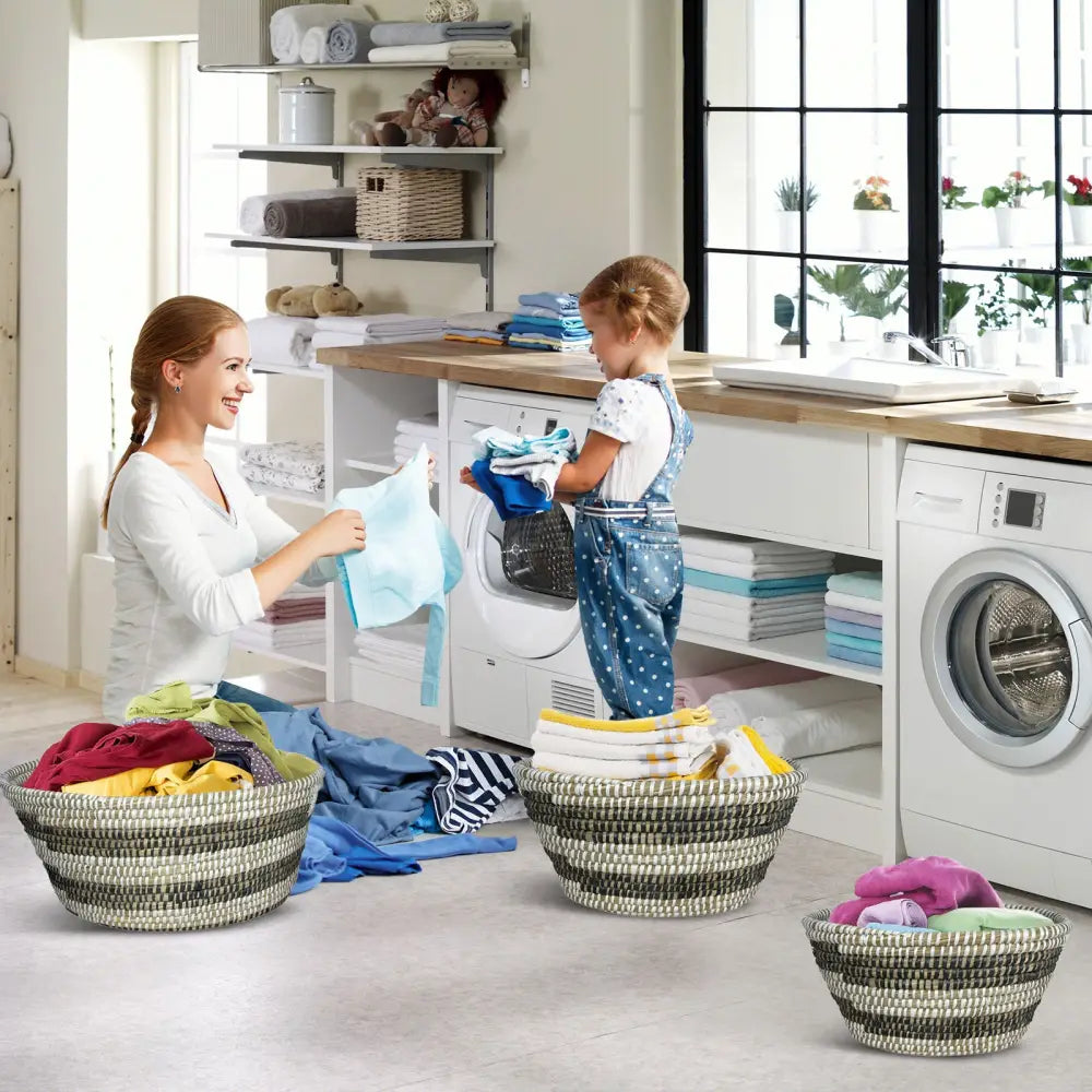Natural Canes Grass Baskets Stackable Storage Bins Set of 3 with Hollowed Handles - Laundry Baskets