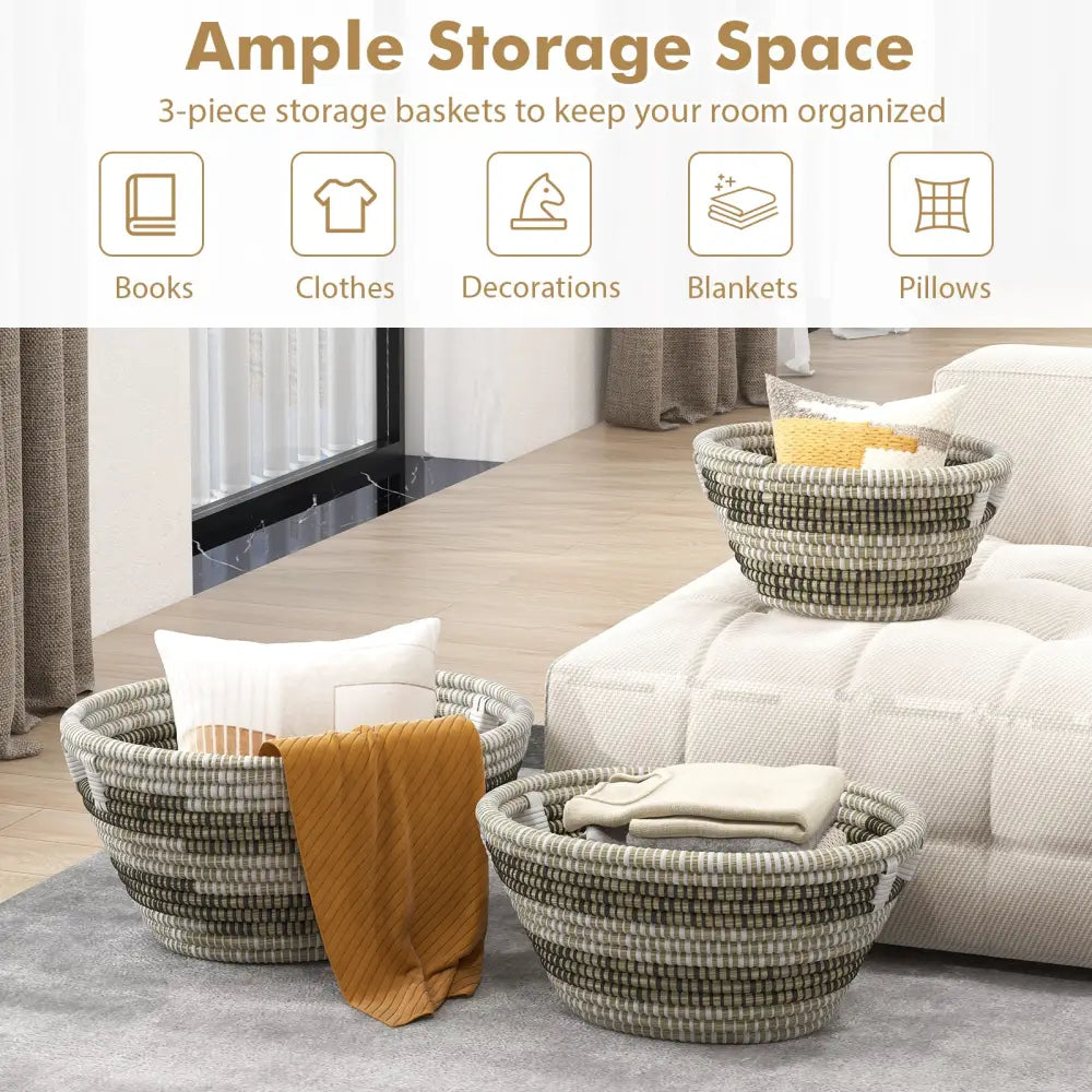 Natural Canes Grass Baskets Stackable Storage Bins Set of 3 with Hollowed Handles - Laundry Baskets