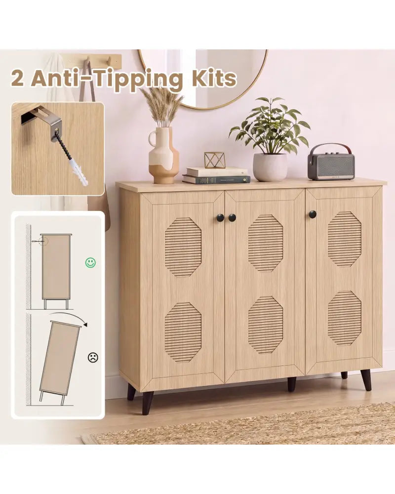 Natural Shoe Cabinet with 3 Doors Freestanding Closed Footwear Storage Unit for Entryway Hallway-Natural - Natural
