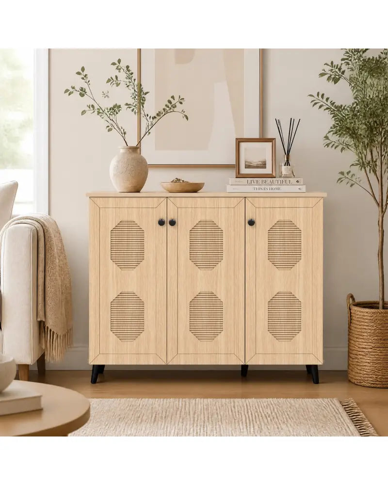 Natural Shoe Cabinet with 3 Doors Freestanding Closed Footwear Storage Unit for Entryway Hallway-Natural - Natural
