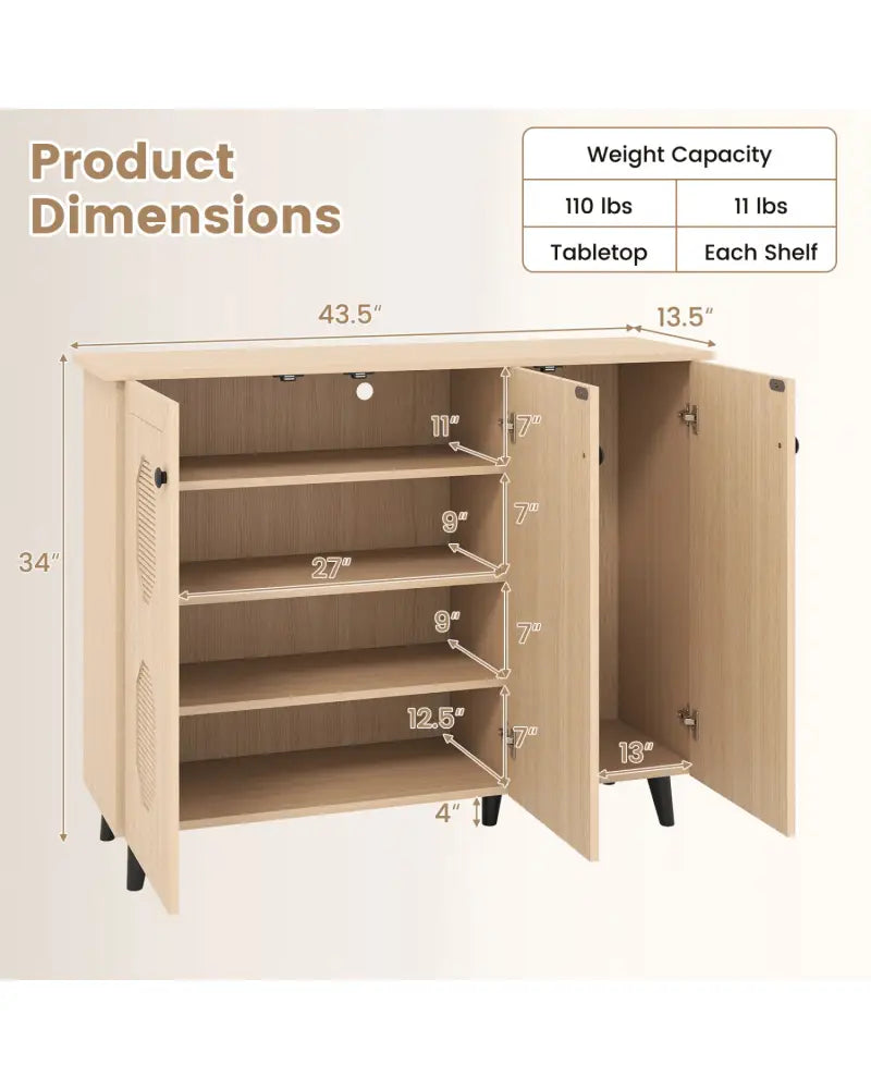 Natural Shoe Cabinet with 3 Doors Freestanding Closed Footwear Storage Unit for Entryway Hallway-Natural - Natural