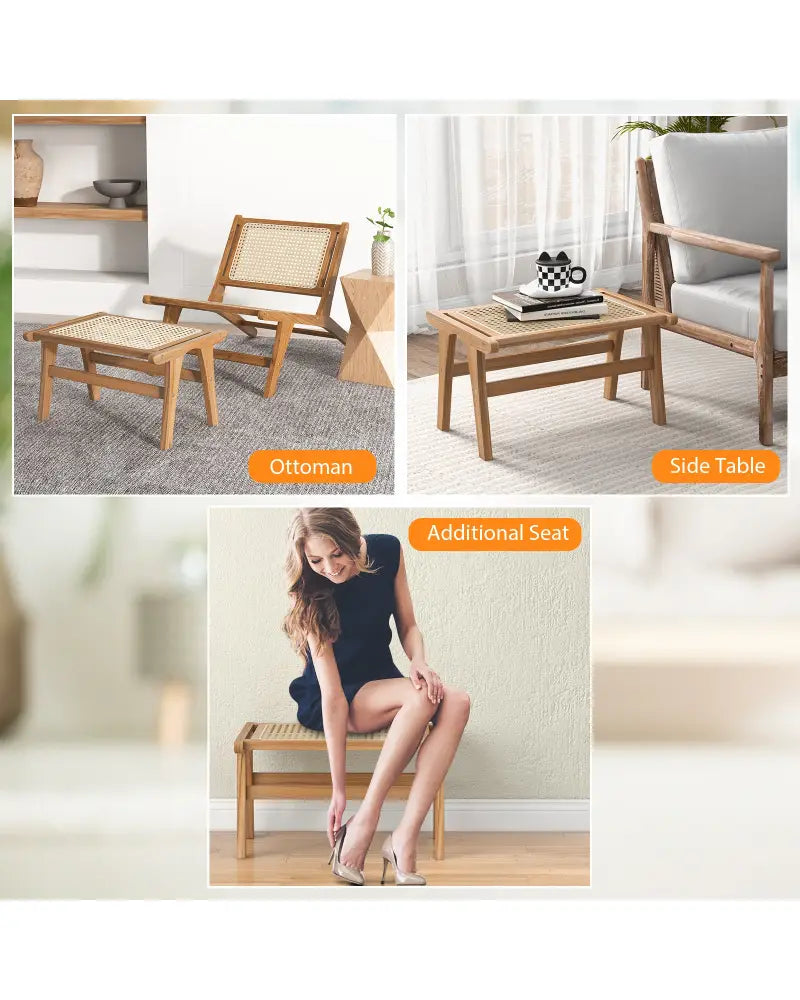Natural Teak Wooden Foot Rest with Handwoven Rattan - Natural - Ottomans