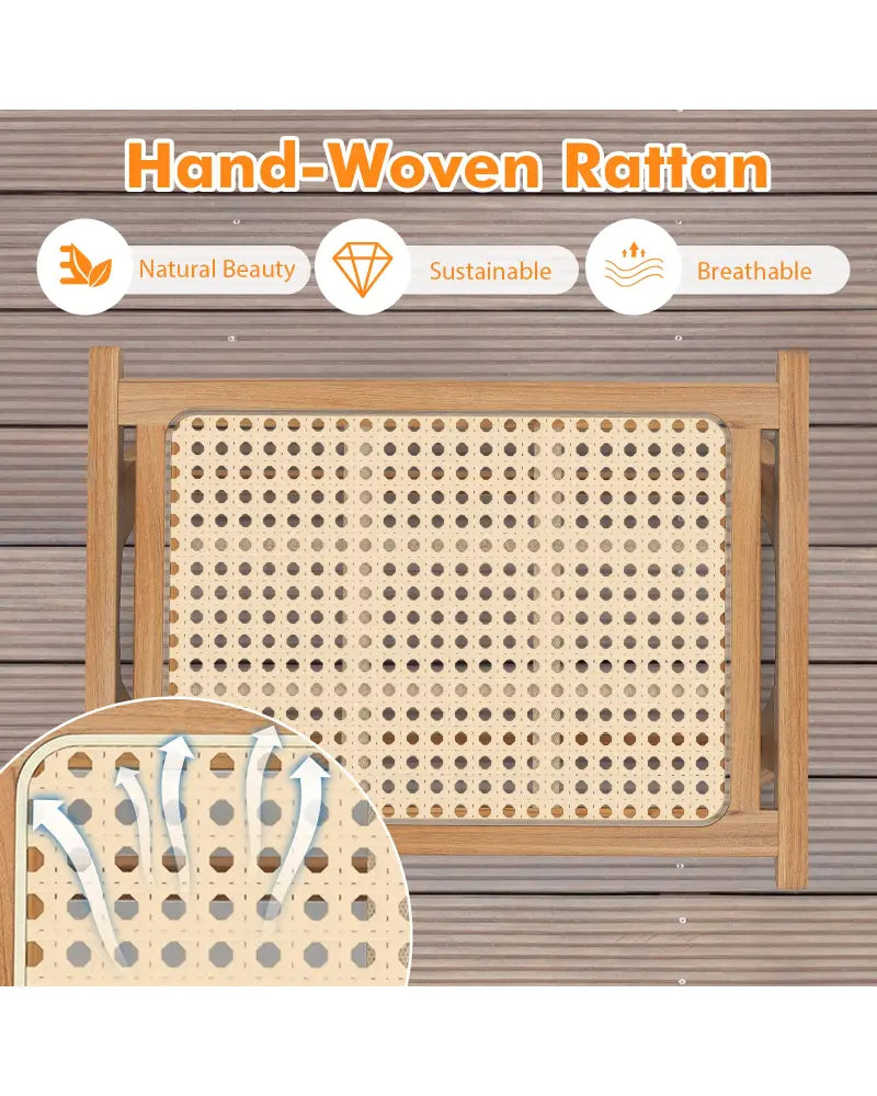 Natural Teak Wooden Foot Rest with Handwoven Rattan - Natural - Ottomans