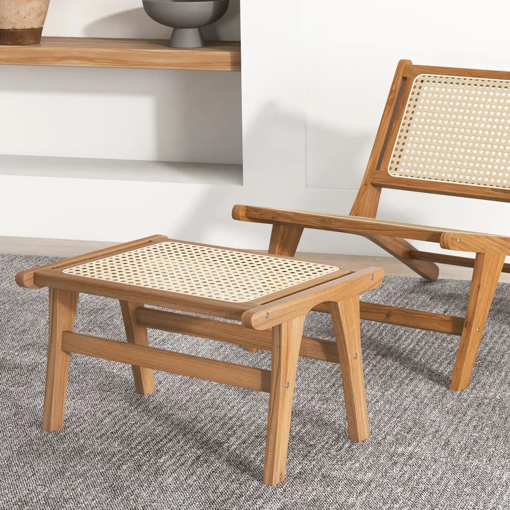 Natural Teak Wooden Foot Rest with Handwoven Rattan - Natural - Ottomans