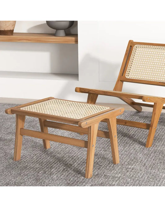 Natural Teak Wooden Foot Rest with Handwoven Rattan - Natural - Ottomans