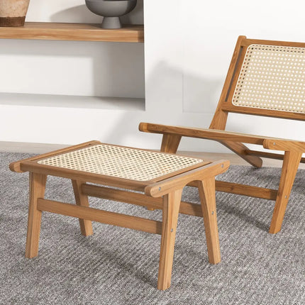 Natural Teak Wooden Foot Rest with Handwoven Rattan - Natural - Ottomans