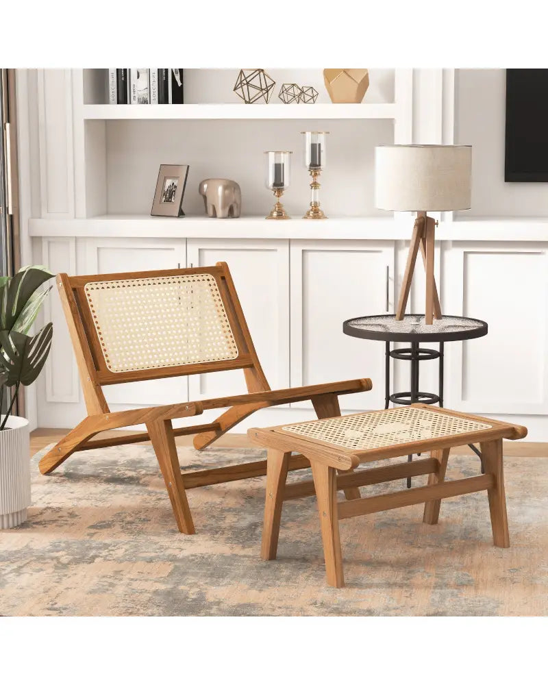 Natural Teak Wooden Foot Rest with Handwoven Rattan - Natural - Ottomans