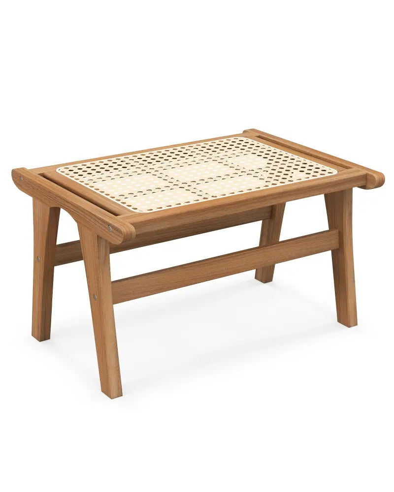 Natural Teak Wooden Foot Rest with Handwoven Rattan - Natural - Ottomans