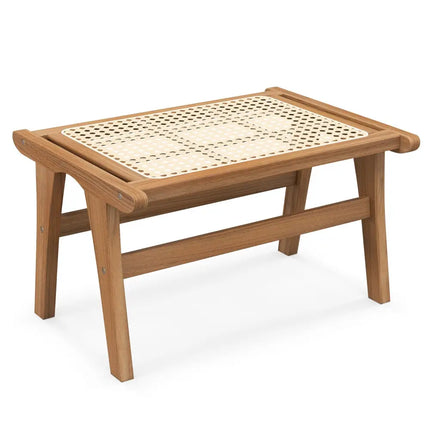 Natural Teak Wooden Foot Rest with Handwoven Rattan - Natural - Ottomans