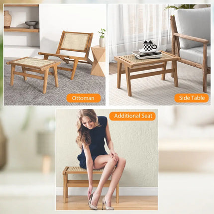 Natural Teak Wooden Foot Rest with Handwoven Rattan - Natural - Ottomans