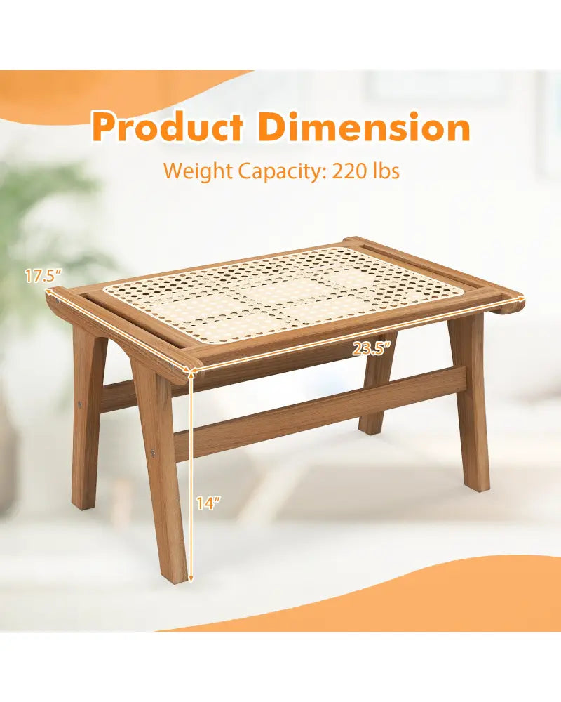 Natural Teak Wooden Foot Rest with Handwoven Rattan - Natural - Ottomans