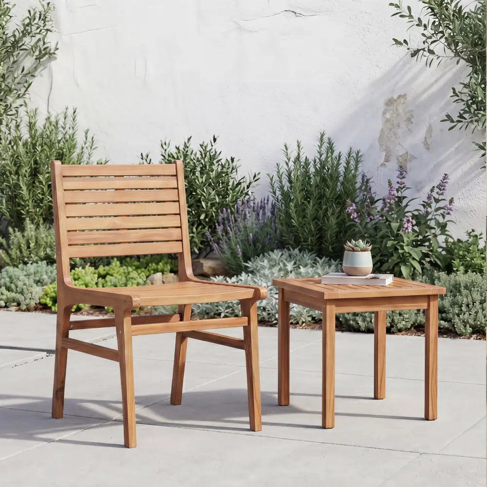 Natural Wood Armless Patio Chair with Slanted Back and Slatted Seat - Patio Dining Chairs