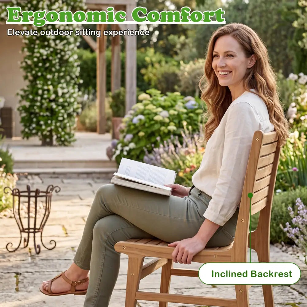 Natural Wood Armless Patio Chair with Slanted Back and Slatted Seat - Patio Dining Chairs
