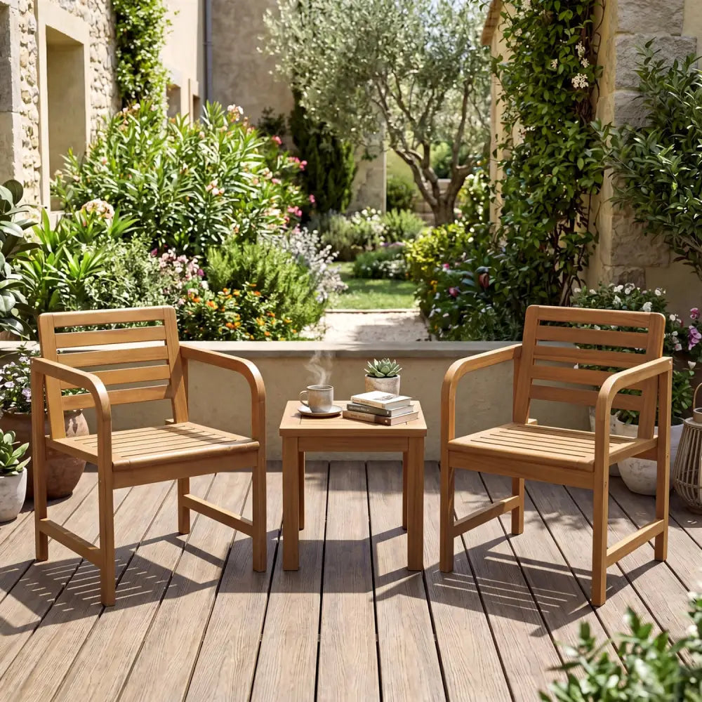 Natural Wood Patio Armchair with Slanted Back and Slatted Seat - Patio Dining Chairs