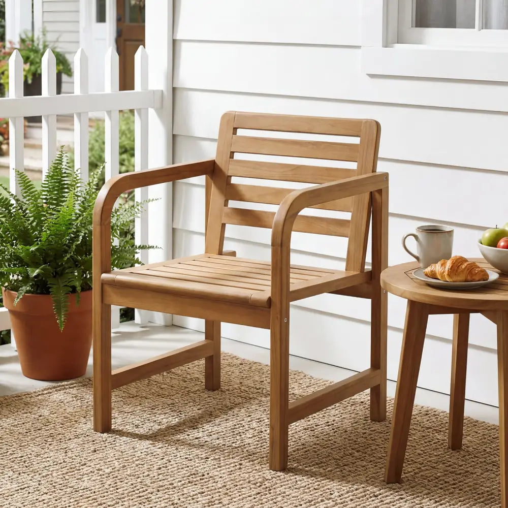 Natural Wood Patio Armchair with Slanted Back and Slatted Seat - Patio Dining Chairs