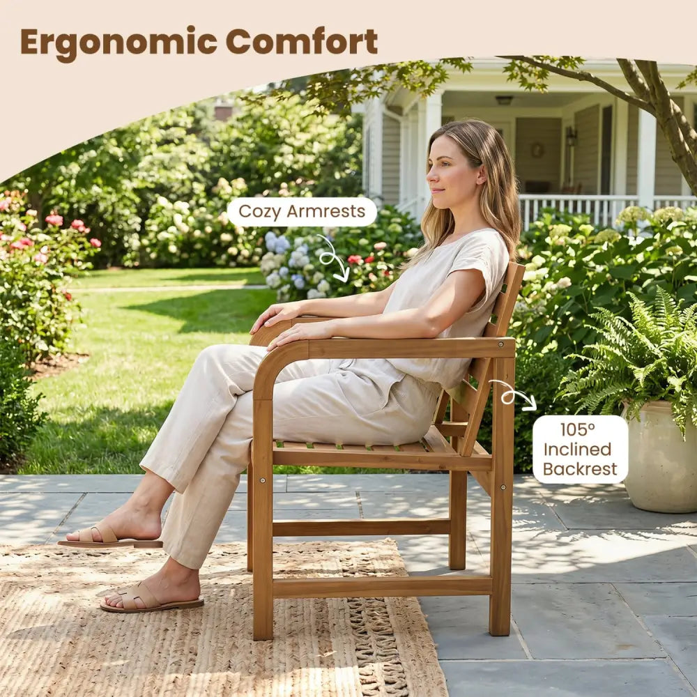 Natural Wood Patio Armchair with Slanted Back and Slatted Seat - Patio Dining Chairs