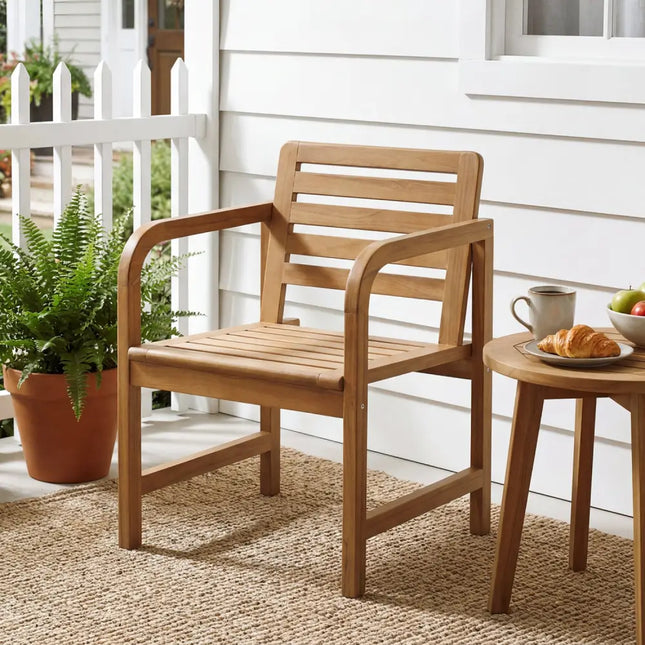 Natural Wood Patio Armchair with Slanted Back and Slatted Seat - Patio Dining Chairs