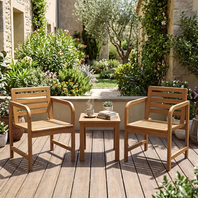 Natural Wood Patio Armchair with Slanted Back and Slatted Seat - Patio Dining Chairs