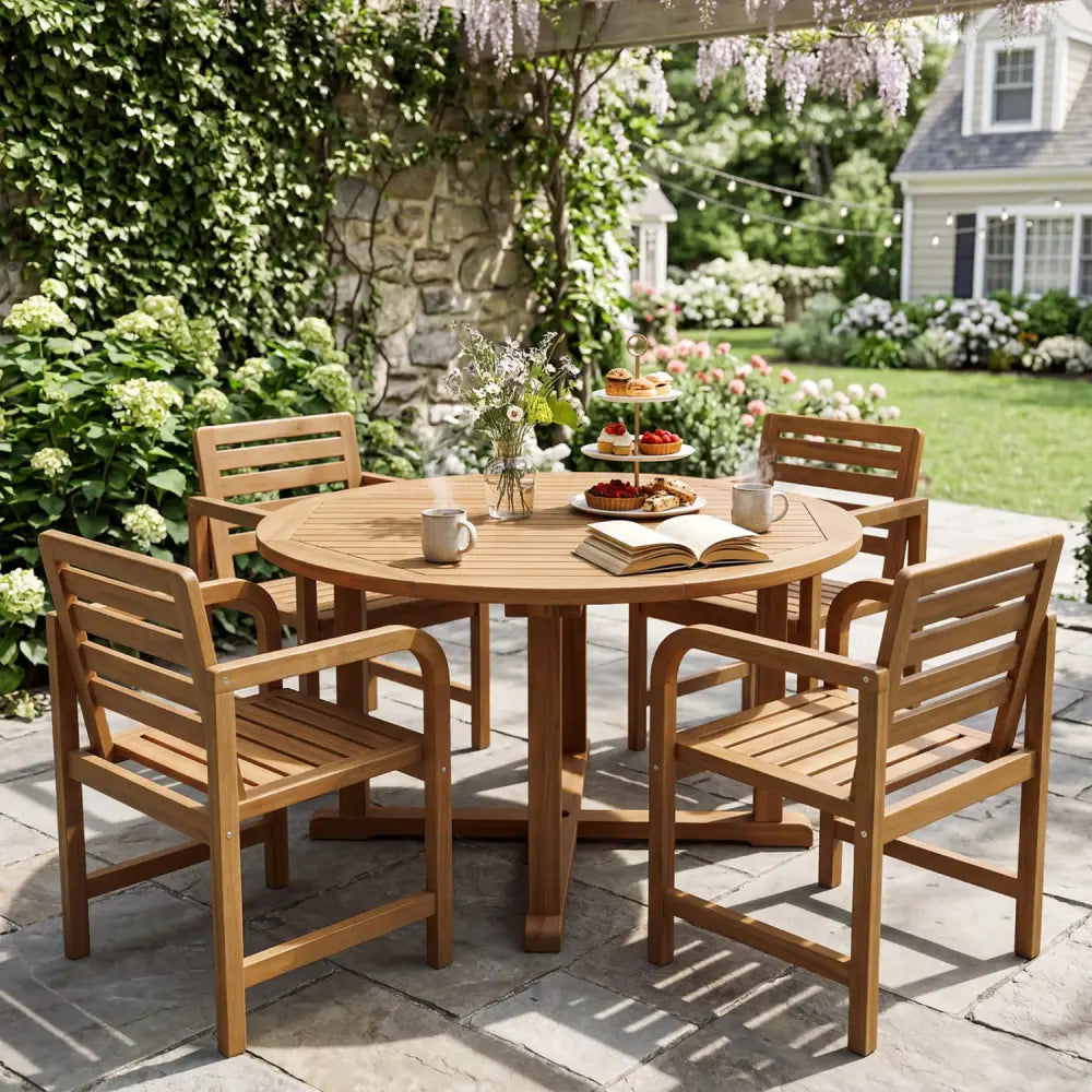 Natural Wood Patio Armchair with Slanted Back and Slatted Seat - Patio Dining Chairs