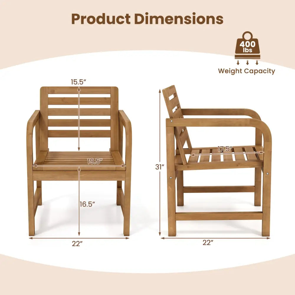 Natural Wood Patio Armchair with Slanted Back and Slatted Seat - Patio Dining Chairs