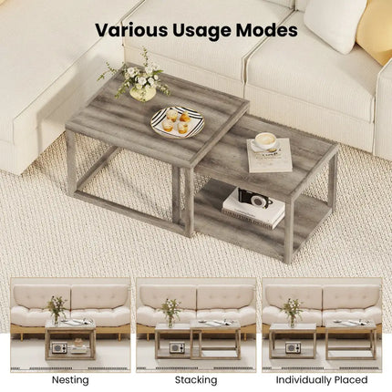 Nesting Coffee Table Set of 2 Stackable Rectangular End Tables-Gray - Gray - End & Side Tables