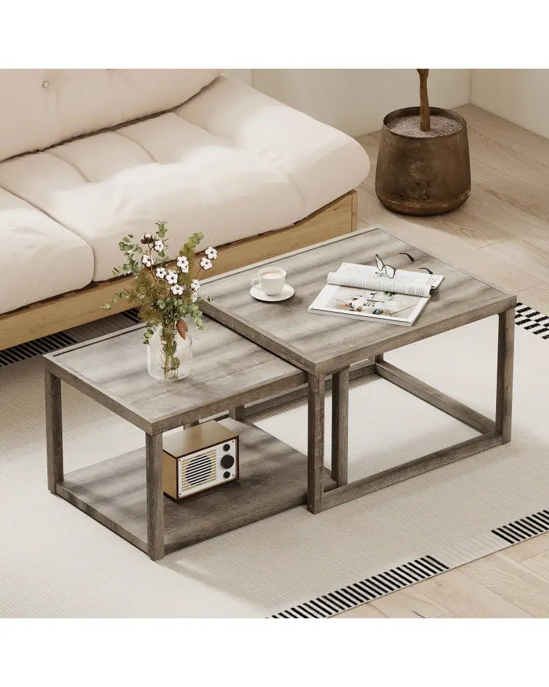 Nesting Coffee Table Set of 2 Stackable Rectangular End Tables-Gray - Gray - End & Side Tables