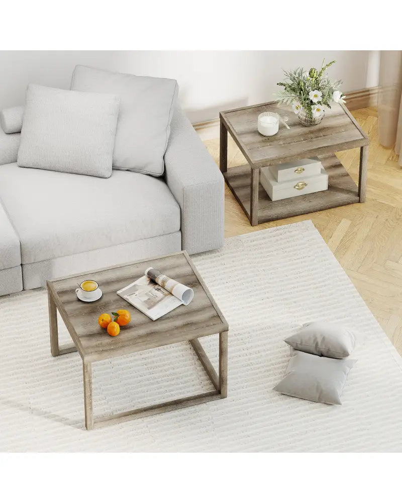 Nesting Coffee Table Set of 2 Stackable Rectangular End Tables-Gray - Gray - End & Side Tables