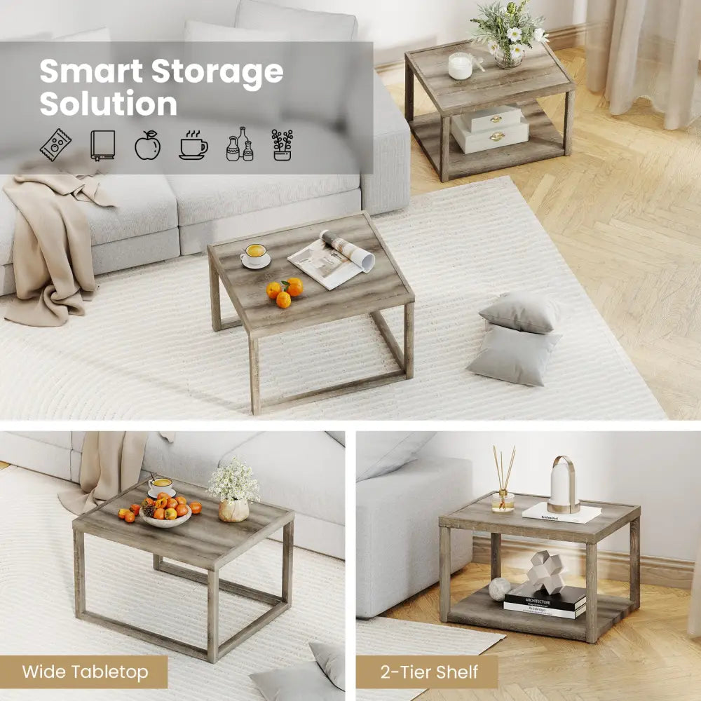 Nesting Coffee Table Set of 2 Stackable Rectangular End Tables-Gray - Gray - End & Side Tables