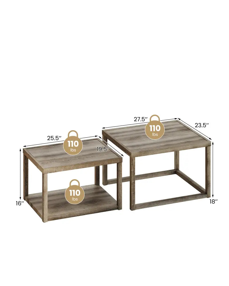 Nesting Coffee Table Set of 2 Stackable Rectangular End Tables-Gray - Gray - End & Side Tables