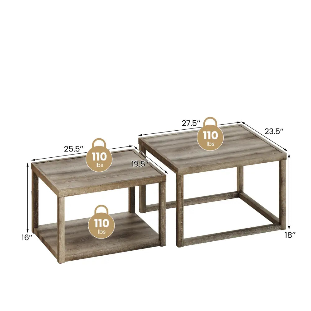 Nesting Coffee Table Set of 2 Stackable Rectangular End Tables-Gray - Gray - End & Side Tables