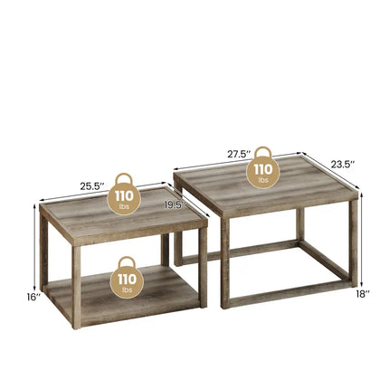 Nesting Coffee Table Set of 2 Stackable Rectangular End Tables-Gray - Gray - End & Side Tables