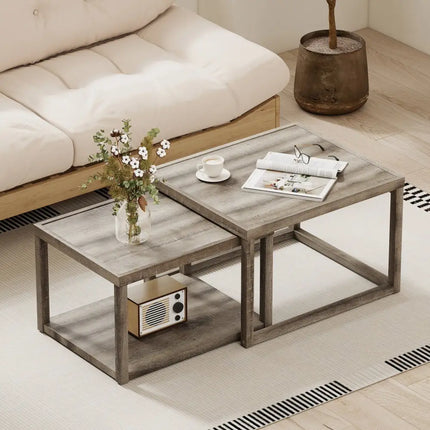 Nesting Coffee Table Set of 2 Stackable Rectangular End Tables-Gray - Gray - End & Side Tables