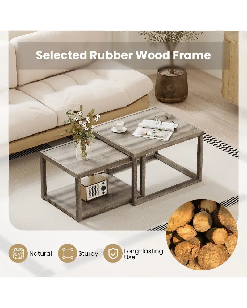 Nesting Coffee Table Set of 2 Stackable Rectangular End Tables-Gray - Gray - End & Side Tables