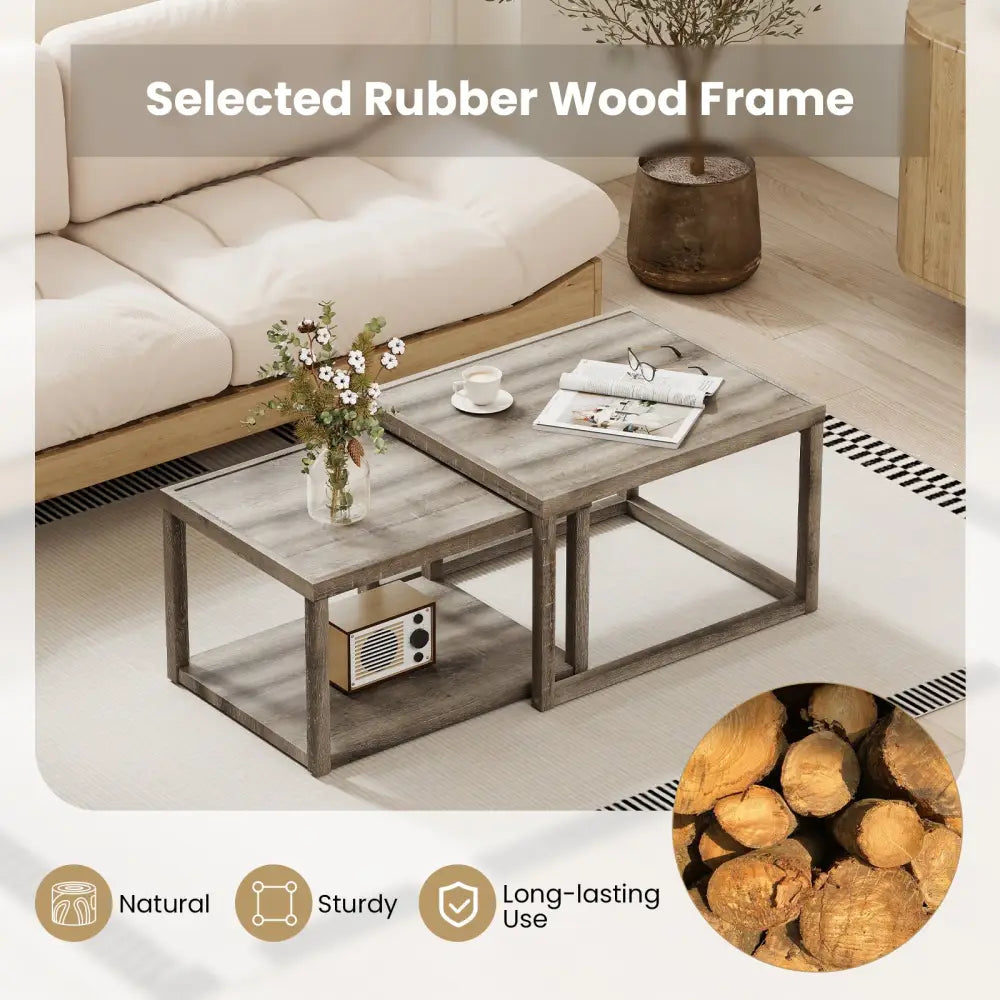 Nesting Coffee Table Set of 2 Stackable Rectangular End Tables-Gray - Gray - End & Side Tables