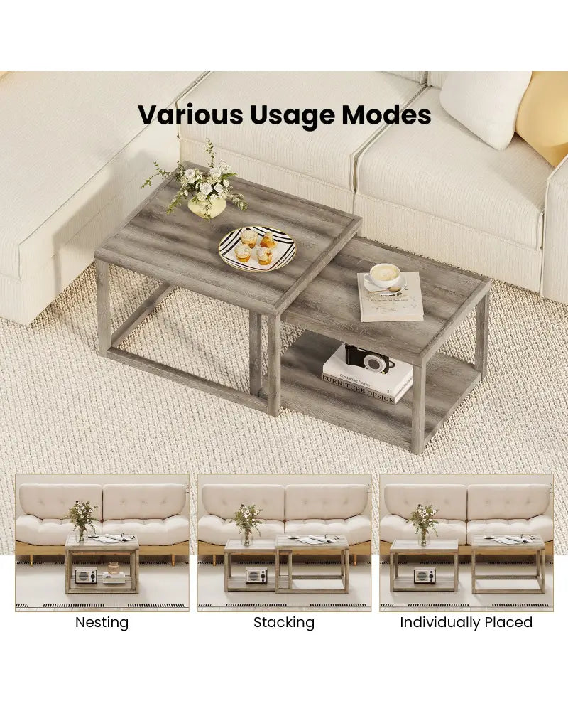 Nesting Coffee Table Set of 2 Stackable Rectangular End Tables-Gray - Gray - End & Side Tables