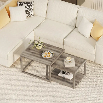 Nesting Coffee Table Set of 2 Stackable Rectangular End Tables-Gray - Gray - End & Side Tables